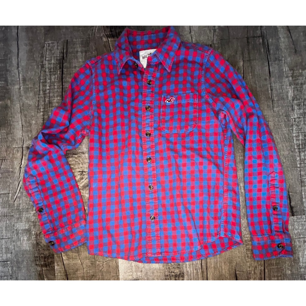 Vintage Y2K Hollister Mens Red Blue Plaid Flannel Button Down Shirt Small